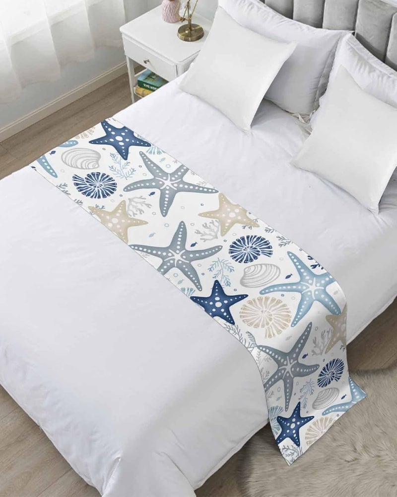 Homechoid Blue Khaki Coral Bed Runner for King Size Bed, Bedspread Protector Slipcover Bed Scarf for Foot Bed Runners u0026 Scarves for Bedroom Hotel 102x20 Spring Summer Coastal Starfish Beach Nautical Conch - Image 1