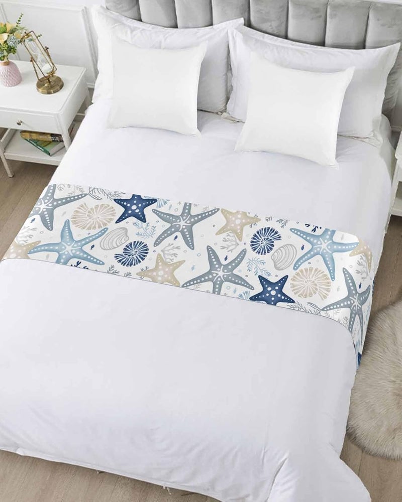 Homechoid Blue Khaki Coral Bed Runner for King Size Bed, Bedspread Protector Slipcover Bed Scarf for Foot Bed Runners u0026 Scarves for Bedroom Hotel 102x20 Spring Summer Coastal Starfish Beach Nautical Conch - Image 5