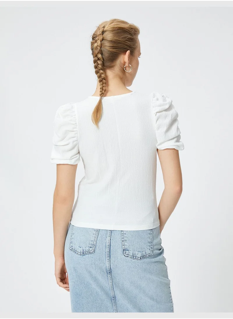 KOTON Shirred Sleeve T-Shirt Crew Neck