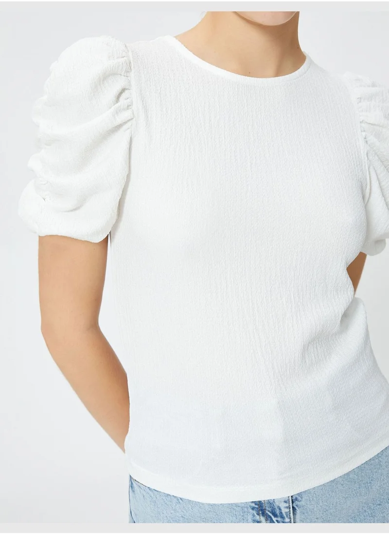 KOTON Shirred Sleeve T-Shirt Crew Neck