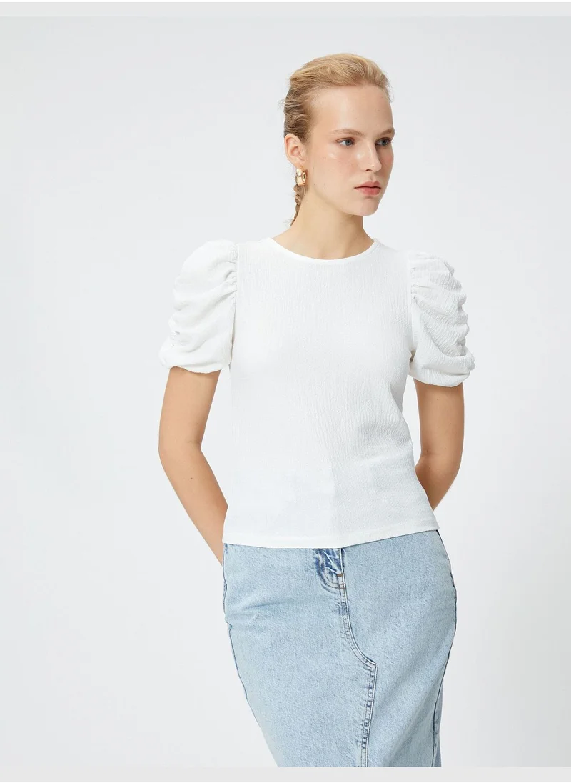 KOTON Shirred Sleeve T-Shirt Crew Neck