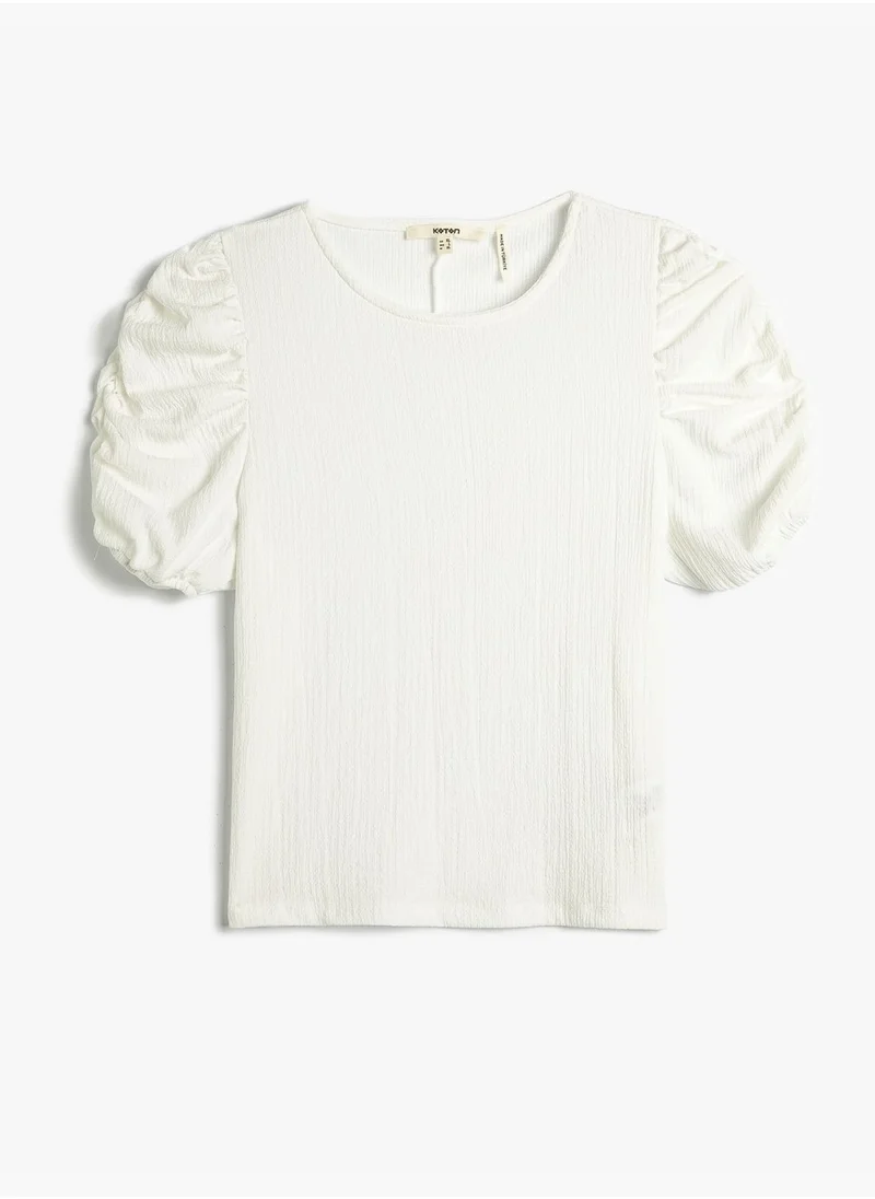 KOTON Shirred Sleeve T-Shirt Crew Neck
