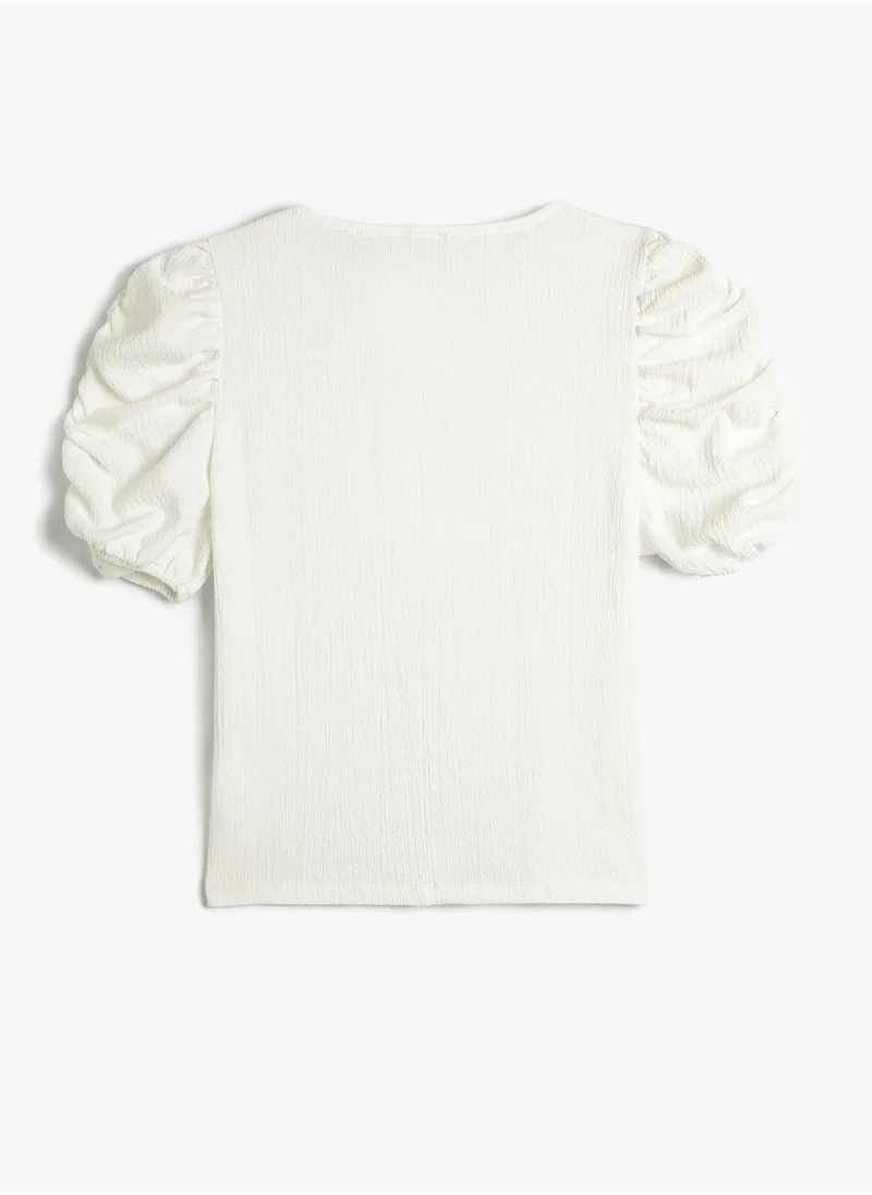 KOTON Shirred Sleeve T-Shirt Crew Neck