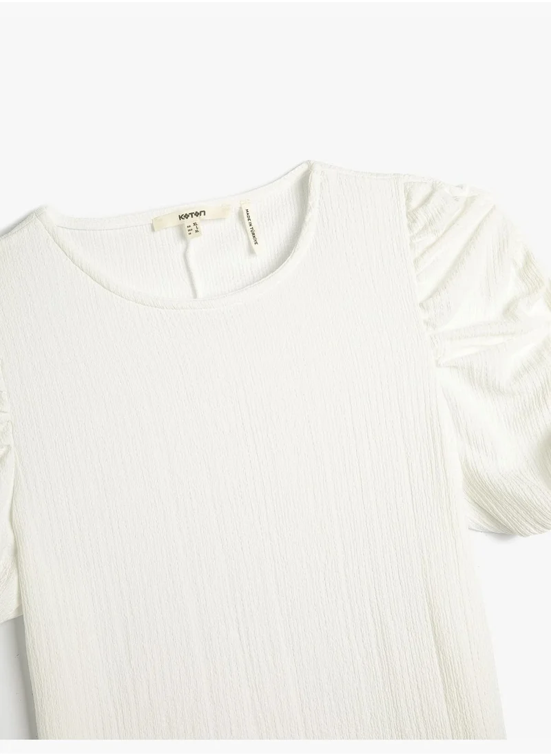 KOTON Shirred Sleeve T-Shirt Crew Neck