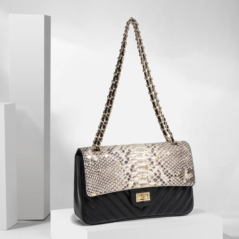 Elegant Elegant Snakeskin Fashion Women's Shoulder Bag Classic Chanel Style Chain Shoulder Crossbody Underarm Leather Women's Bag - Image 4