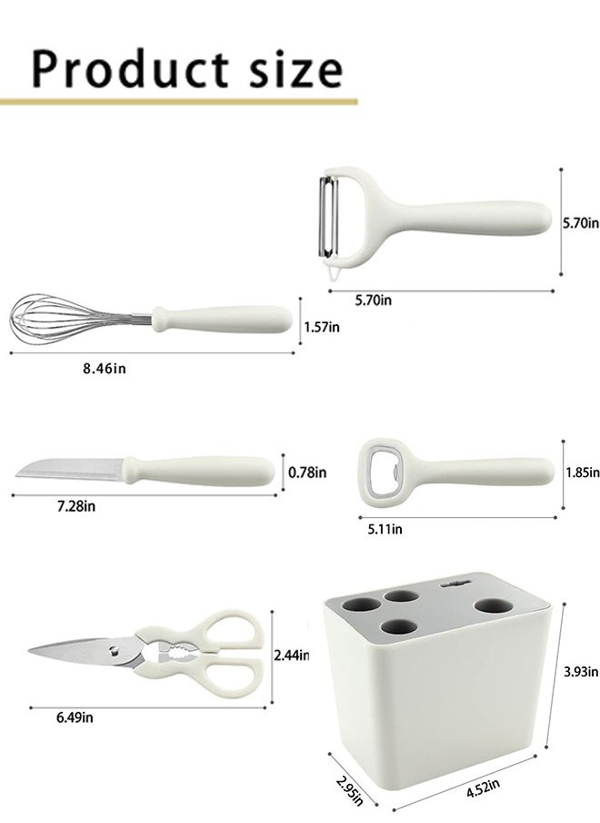 6 Piece Kitchen Gadgets Set with Bottle Peeler, Opener, Whisk, Fruit Knife, Scissors and Decorative Storage Base, Bottom Filter Screen Design
