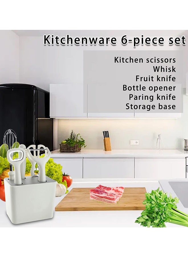 6 Piece Kitchen Gadgets Set with Bottle Peeler, Opener, Whisk, Fruit Knife, Scissors and Decorative Storage Base, Bottom Filter Screen Design