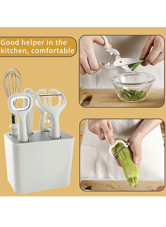 6 Piece Kitchen Gadgets Set with Bottle Peeler, Opener, Whisk, Fruit Knife, Scissors and Decorative Storage Base, Bottom Filter Screen Design