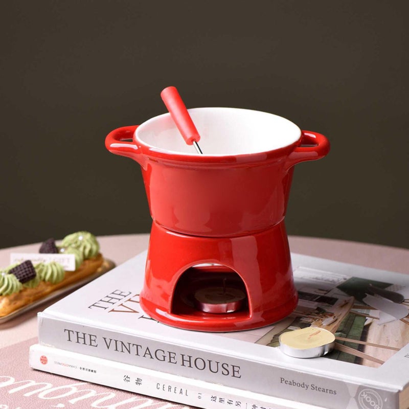 Red Chocolate Fondue Mug 300ml Ceramic Butter Warmer with Stainless Steel Fork for Date Night Birthday Gifts - Image 3