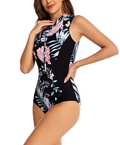 YATEEN Womens Rash Guard Zip Front Sleeveless One Piece Swimsuit - Image 4