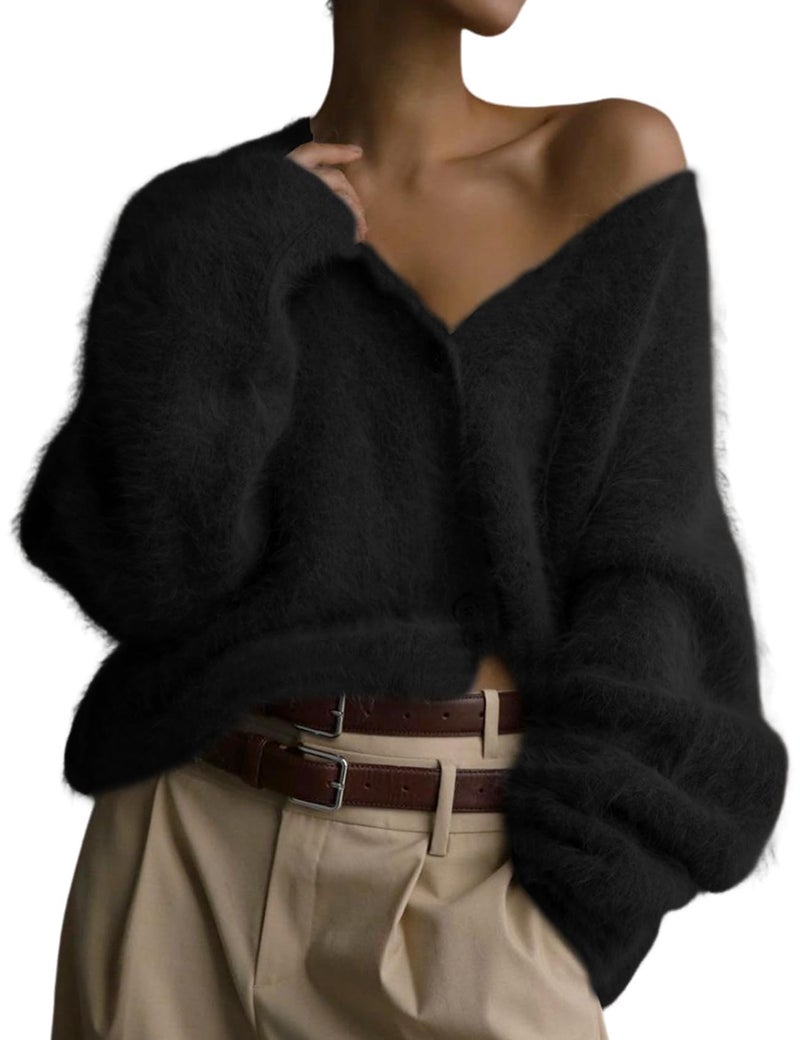 Flygo Womens Fuzzy Mohair Cardigan Sweaters V Neck Button Down Long Sleeve Fluffy Knit Open Front Slouchy Furry Sweater(Black-M) - Image 1