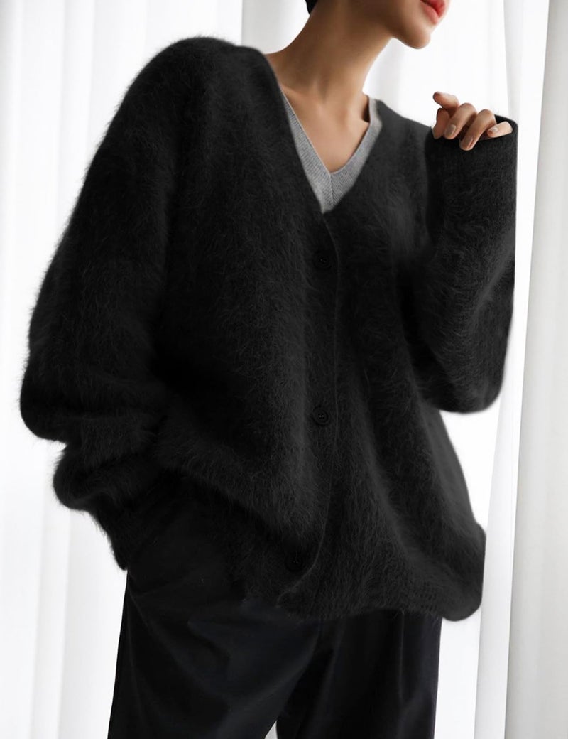 Flygo Womens Fuzzy Mohair Cardigan Sweaters V Neck Button Down Long Sleeve Fluffy Knit Open Front Slouchy Furry Sweater(Black-M) - Image 3