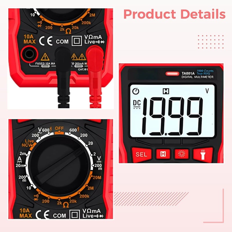 Pocket Digital Multimeter, Auto-Ranging Precise Multi Tester for Home Use, with Test Lead, Measures Ac/Dc Voltage, Current, Resistance, Capacitance, Frequency - Image 2