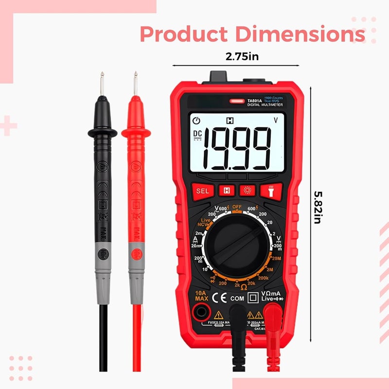 Pocket Digital Multimeter, Auto-Ranging Precise Multi Tester for Home Use, with Test Lead, Measures Ac/Dc Voltage, Current, Resistance, Capacitance, Frequency - Image 4
