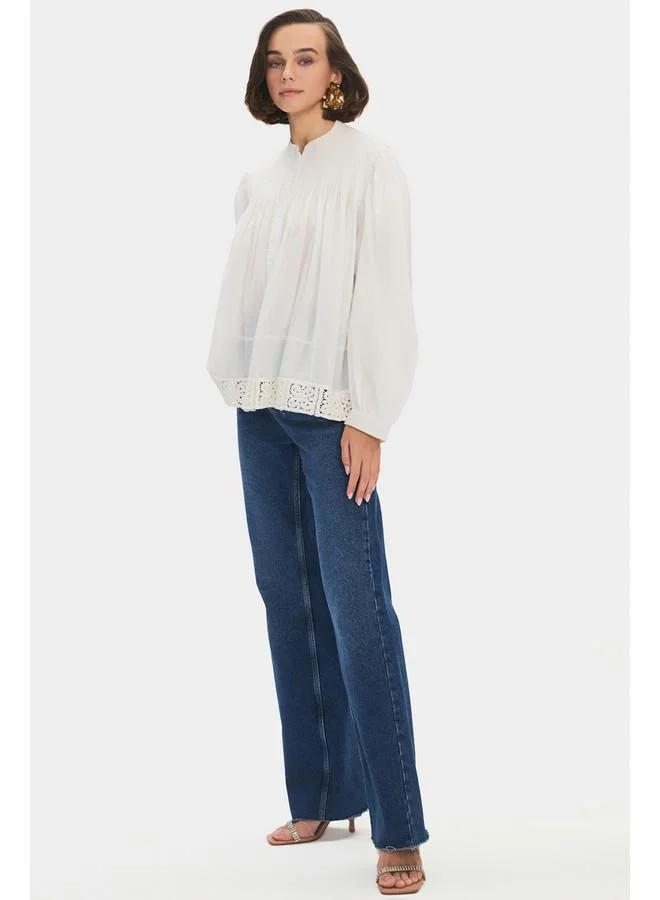 JUNE June Women Oversize/Loose Fit 100% Cotton Embroidered Detailed Shirt White
