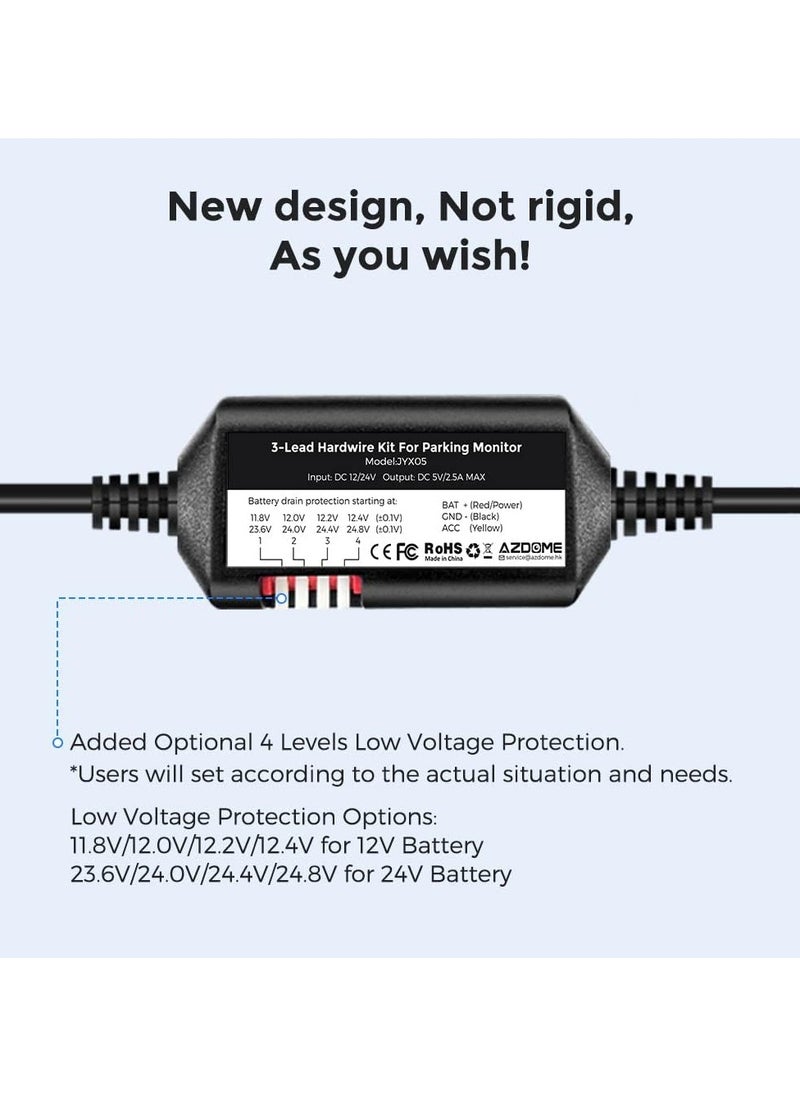 AZDOME 3-Lead ACC Hardwire Kit JYX05 Type-C Port for GS63HPro/GS63Pro/M580/M300S Dash Cam, 11.5ft with Fuse Kit, for Dash Camera 24H Parking Monitor, Converts 12V-24V to Output 5V/2.5A Max, Low Voltage Protection  - Image 3