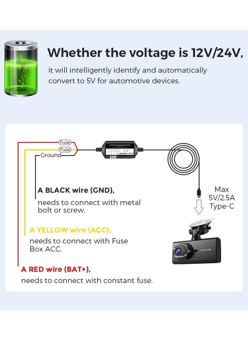 AZDOME 3-Lead ACC Hardwire Kit JYX05 Type-C Port for GS63HPro/GS63Pro/M580/M300S Dash Cam, 11.5ft with Fuse Kit, for Dash Camera 24H Parking Monitor, Converts 12V-24V to Output 5V/2.5A Max, Low Voltage Protection  - Image 5