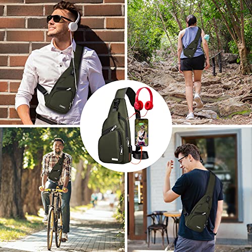 Codoule Waterproof Sling Bag Crossbody Backpack for Men Women Sling Backpack Hiking Daypack Multipurpose Cross Body Chest Bag with USB Charger Hole & Headphone Hole for Outdoor Walking Travel(ArmyGreen) - Image 5