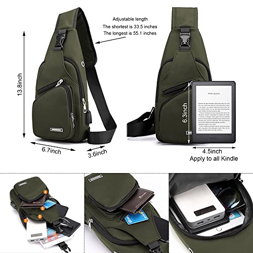 Codoule Waterproof Sling Bag Crossbody Backpack for Men Women Sling Backpack Hiking Daypack Multipurpose Cross Body Chest Bag with USB Charger Hole & Headphone Hole for Outdoor Walking Travel(ArmyGreen) - Image 4