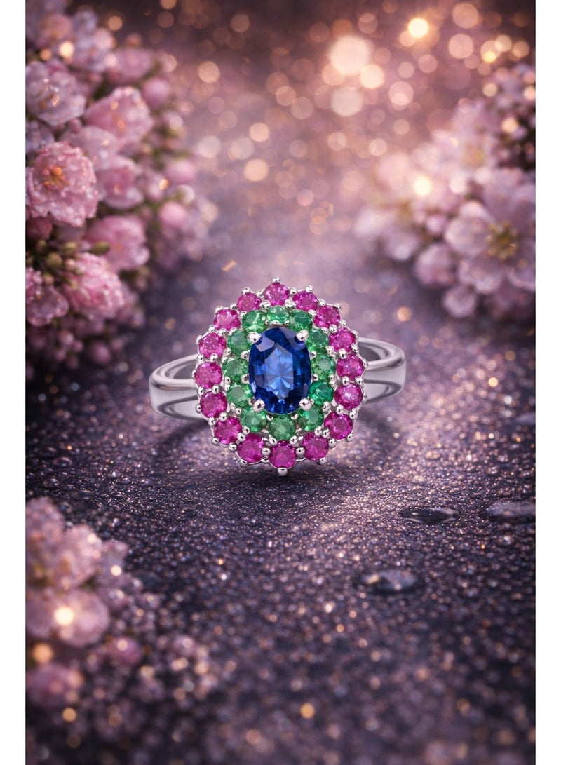 Fine Silver 925 Sterling Silver Women's Oval Blue Zircon Halo Ring with Green and Pink Accents - Image 2