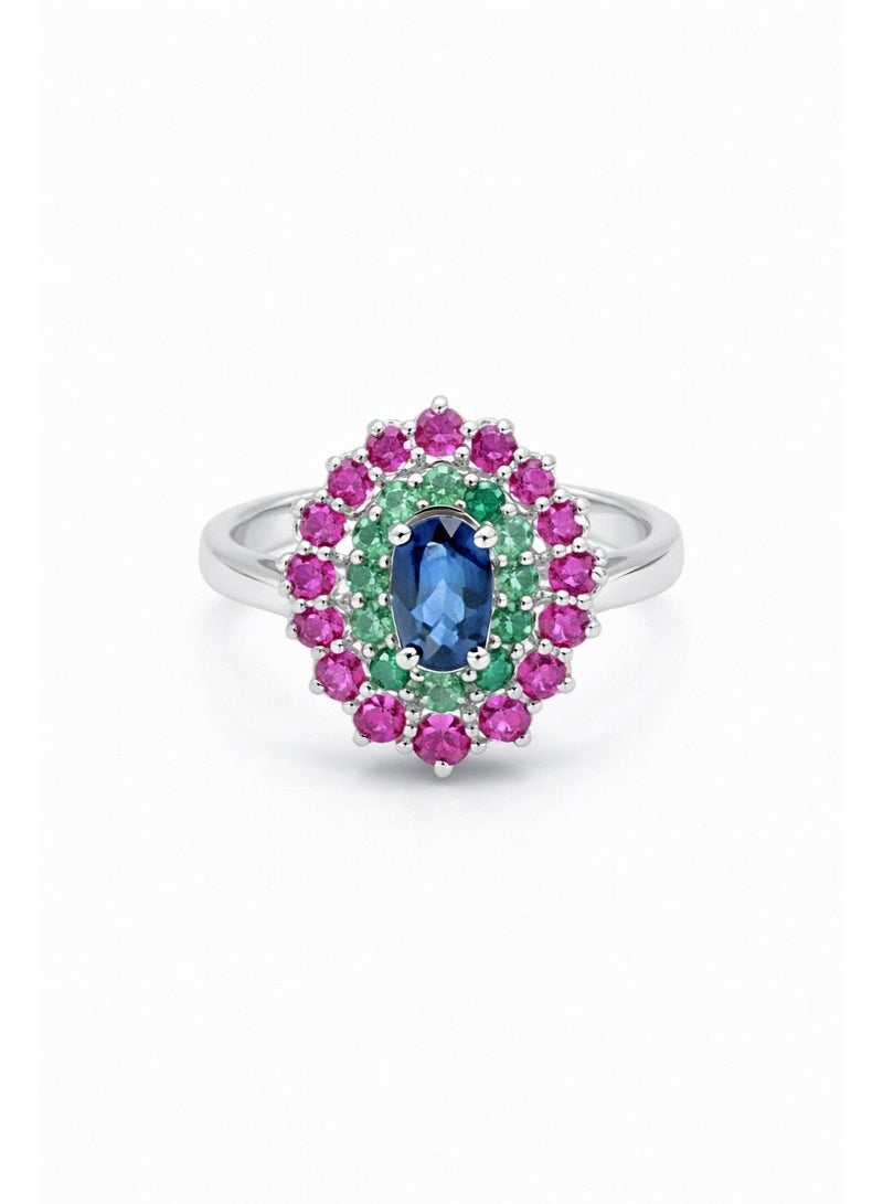 Fine Silver 925 Sterling Silver Women's Oval Blue Zircon Halo Ring with Green and Pink Accents - Image 1