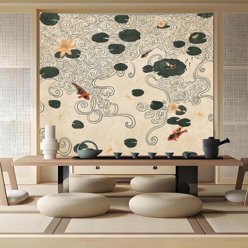 Lifeella Japanese Tapestry, Koi Pond Tapestry, Abstract Lotus Lily Wall Hanging, Zen Nature Aesthetic Art Wall Decor for Bedroom Living Room Dorm, Beige 36x48 inches - Image 2