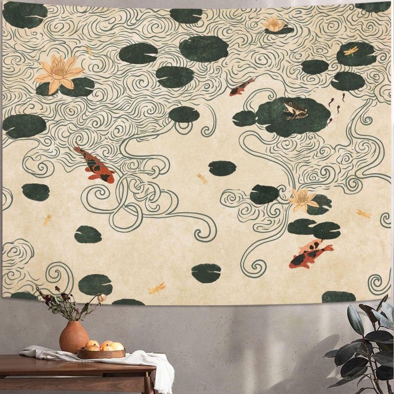 Lifeella Japanese Tapestry, Koi Pond Tapestry, Abstract Lotus Lily Wall Hanging, Zen Nature Aesthetic Art Wall Decor for Bedroom Living Room Dorm, Beige 36x48 inches - Image 1