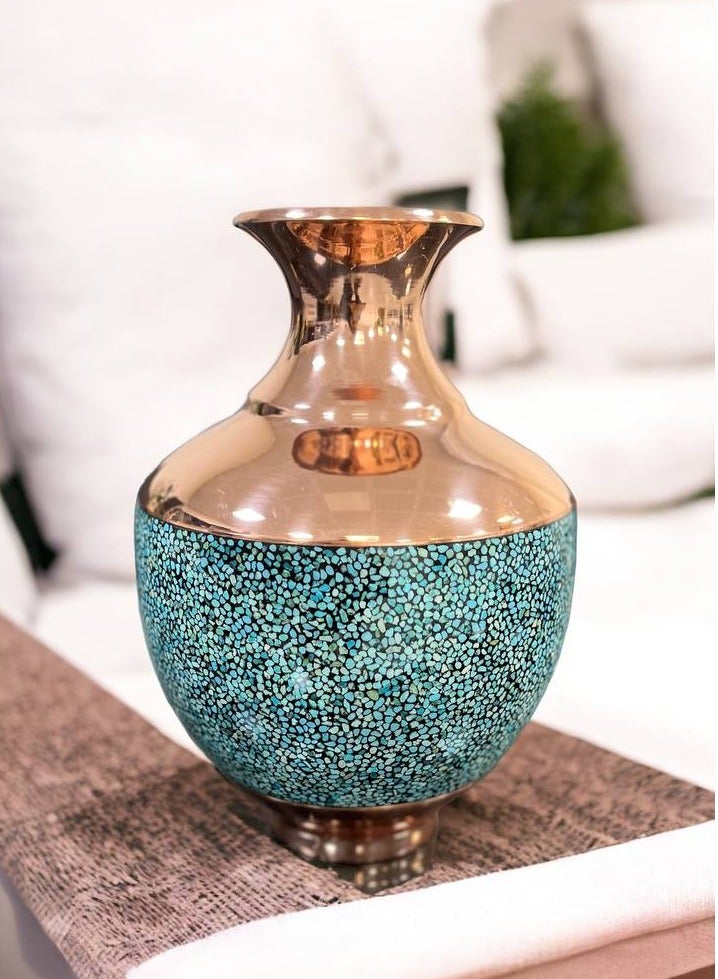 Aghajani Handcrafted Antique Copper and Turquoise Bowl-Shaped Vase for Home Decor, 23-cm - Image 1