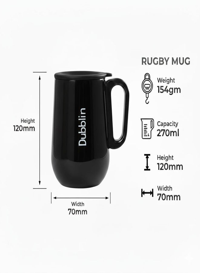 DUBBLIN Rugby Stainless Steel Unbreakable Tea Coffee Mug Double Wall with Handle and Lid Wide Mouth Keeps Beverages Hot & Cold 270 ML Black - Image 3