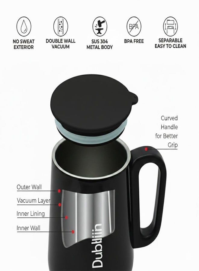 DUBBLIN Rugby Stainless Steel Unbreakable Tea Coffee Mug Double Wall with Handle and Lid Wide Mouth Keeps Beverages Hot & Cold 270 ML Black - Image 2