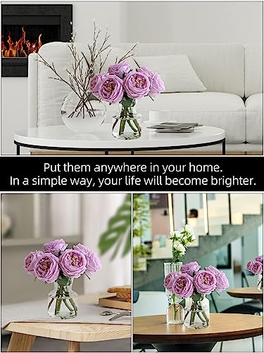 grtefhu 6Pcs Fake Austin Rose Peonies Flowers with Vase Clear Glass Vase with Pink Real Touch Peonies Artificial Flowers Home DecorPink - Image 3