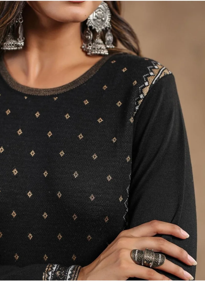 ISHIN Regular Fit Embellished Pattern Round Neck Neck Three-Quarter Sleeve Black Colour Knitted Cotton Kurtas for Women - Perfect for your Festive Celebrations