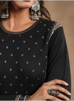 ISHIN Regular Fit Embellished Pattern Round Neck Neck Three-Quarter Sleeve Black Colour Knitted Cotton Kurtas for Women - Perfect for your Festive Celebrations  - Image 2