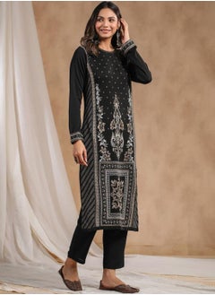 ISHIN Regular Fit Embellished Pattern Round Neck Neck Three-Quarter Sleeve Black Colour Knitted Cotton Kurtas for Women - Perfect for your Festive Celebrations  - Image 3
