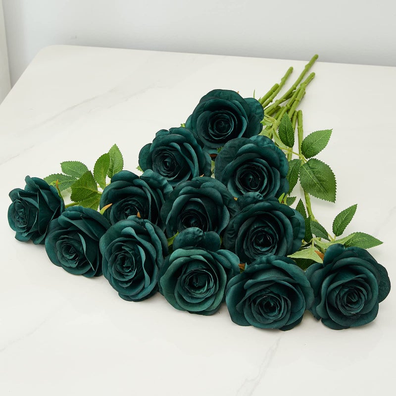 Helera 12PC Peacock Green Roses Artificial Flowers Fake Roses Silk Flowers Roses with Long Stems for Wedding Home Party Centerpieces Decorations - Image 4