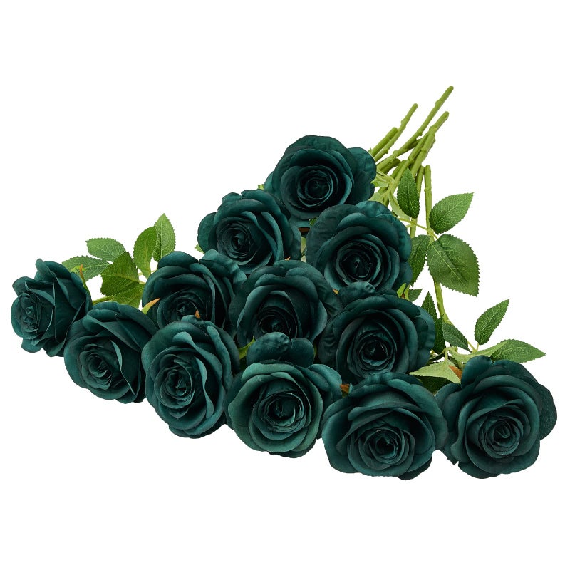 Helera 12PC Peacock Green Roses Artificial Flowers Fake Roses Silk Flowers Roses with Long Stems for Wedding Home Party Centerpieces Decorations - Image 1