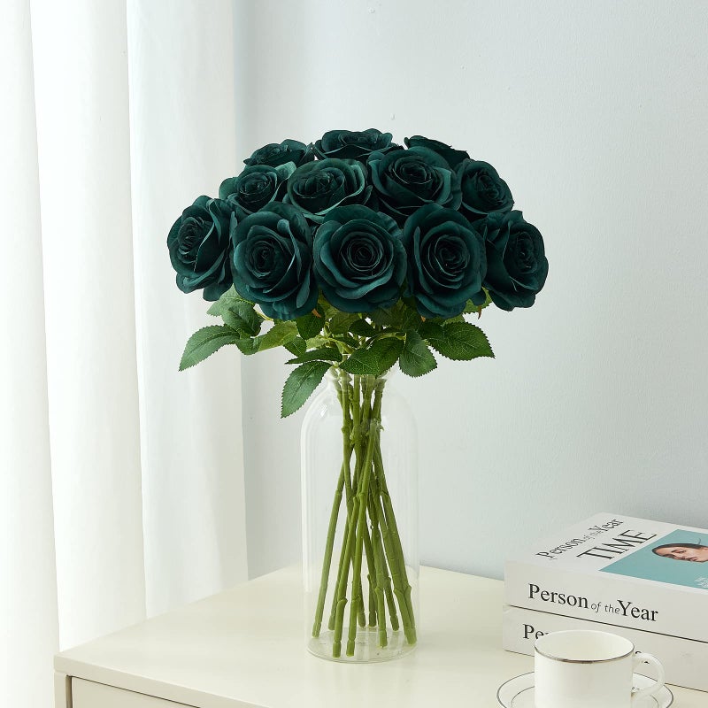 Helera 12PC Peacock Green Roses Artificial Flowers Fake Roses Silk Flowers Roses with Long Stems for Wedding Home Party Centerpieces Decorations - Image 2