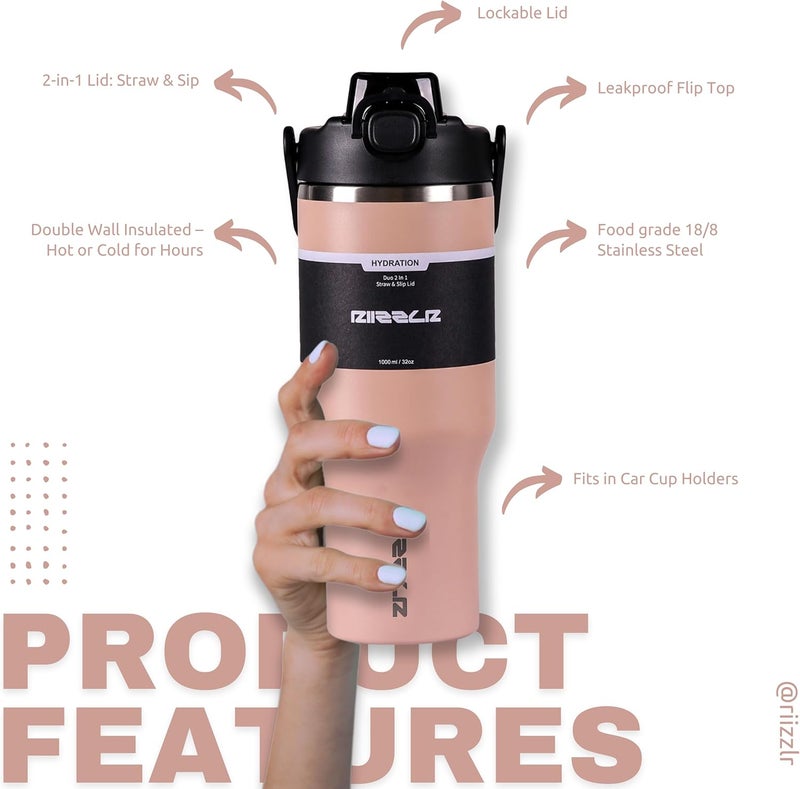 Riizzlr 1000ml Insulated Water Bottle Tumbler with 2-in-1 Straw & Sip Lid – Stainless Steel Vacuum Flask, Double Wall, BPA-Free, Leakproof, Wide Mouth, Keeps Drinks Hot 12H / Cold 24H (Dusty Pink) - Image 3