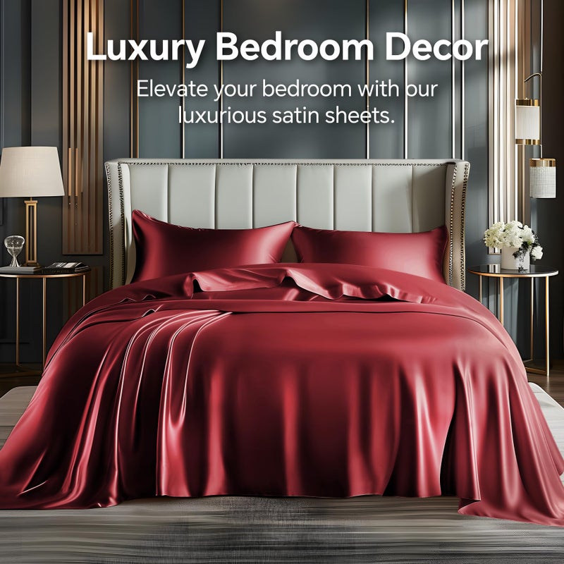 BEDELITE Satin Sheets Full Size Bed Set, Luxury Soft Burgundy Silky Sheet for Hair and Skin, Similar to Silk Bed Sheets Set 4 Pieces with 1 Deep Pocket Fitted Sheet, 1 Flat Sheet, and 2 Pillowcases - Image 2