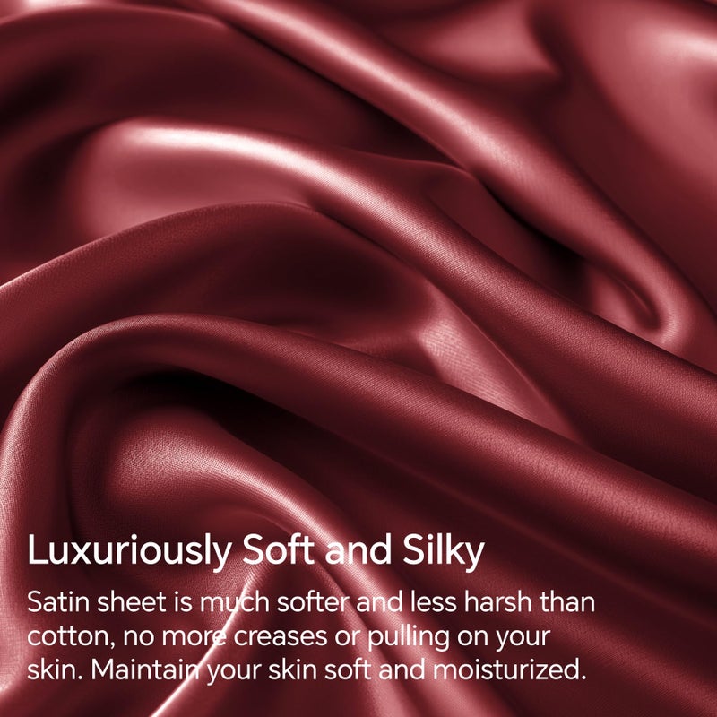 BEDELITE Satin Sheets Full Size Bed Set, Luxury Soft Burgundy Silky Sheet for Hair and Skin, Similar to Silk Bed Sheets Set 4 Pieces with 1 Deep Pocket Fitted Sheet, 1 Flat Sheet, and 2 Pillowcases - Image 3