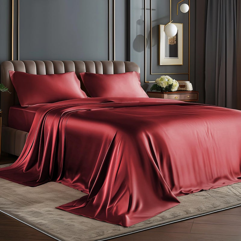BEDELITE Satin Sheets Full Size Bed Set, Luxury Soft Burgundy Silky Sheet for Hair and Skin, Similar to Silk Bed Sheets Set 4 Pieces with 1 Deep Pocket Fitted Sheet, 1 Flat Sheet, and 2 Pillowcases - Image 1