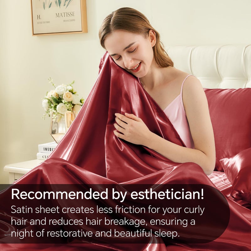 BEDELITE Satin Sheets Full Size Bed Set, Luxury Soft Burgundy Silky Sheet for Hair and Skin, Similar to Silk Bed Sheets Set 4 Pieces with 1 Deep Pocket Fitted Sheet, 1 Flat Sheet, and 2 Pillowcases - Image 4