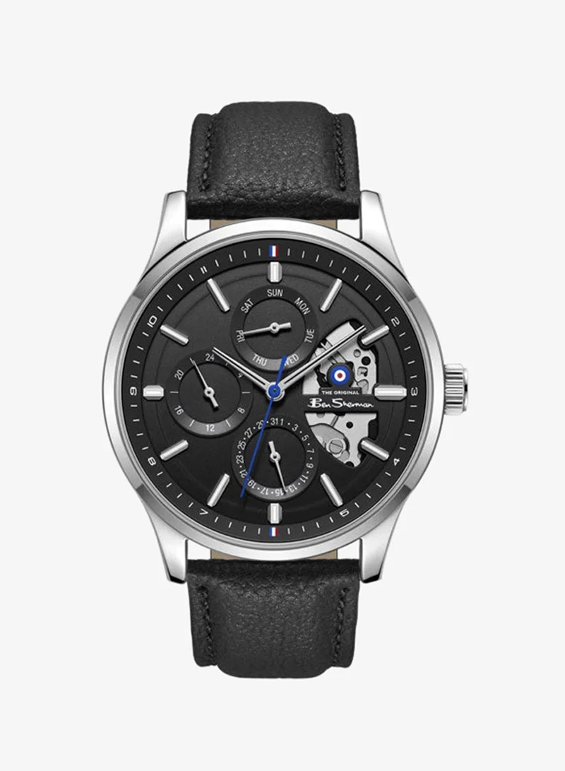 بين شيرمان St Albans Black Dial Black Genuine Leather Strap Multifunction Watch for Men, 43.5mm