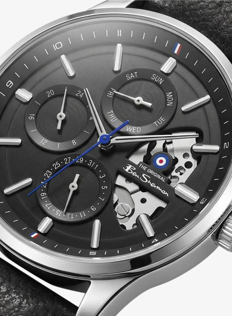 بين شيرمان St Albans Black Dial Black Genuine Leather Strap Multifunction Watch for Men, 43.5mm
