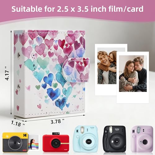 Vienrose Mini Photo Album for 2x3 Inch Films 52 Pockets Small Album Book for Fujifilm Instax Mini Polaroid Instant Photos Faux Leather Pocket Size Album Watercolor Heart Pattern - Image 3