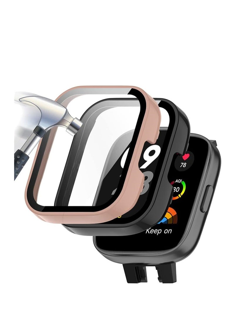 2 Pcs Case With Tempered Glass Screen Protector Compatible for Xiaomi Redmi Watch 3 9H Hardness All-round Protective Cover Ultra-thin Protective PC Case Cover Pink and Black - Image 1