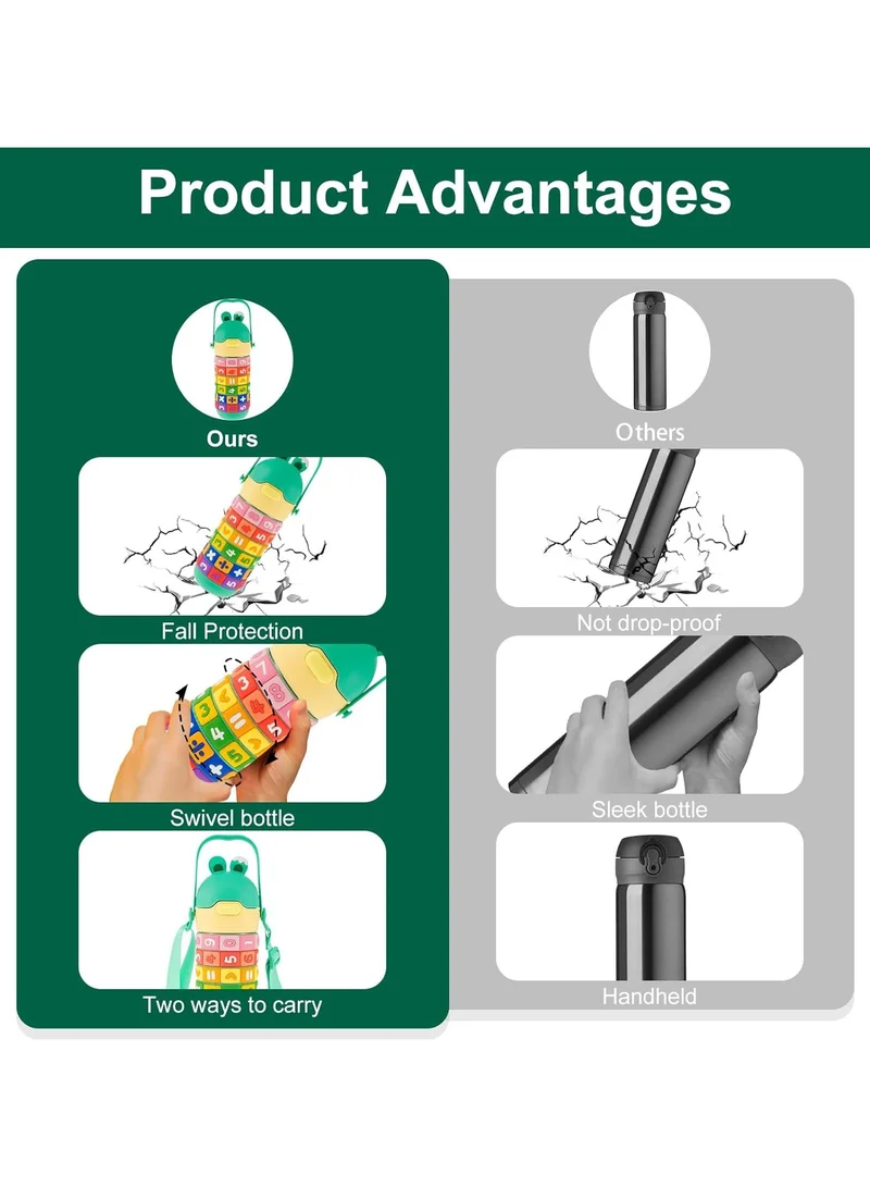 Mobcos Mobcos Kids Math's Learning Water Bottle - Stainless Steel, Vacuum Insulated, Leak Proof with Straw &amp; Strap, BPA Free and Portable 430ml (Green)