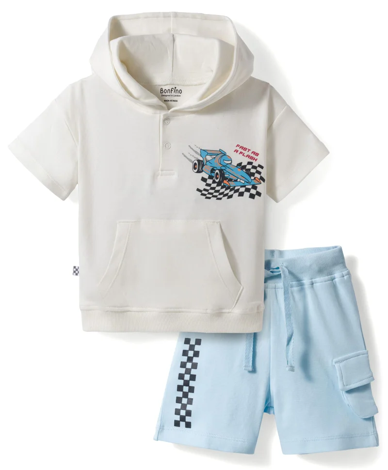 Bonfino Bonfino 100% Cotton Drop-shoulder Oversized Front Printed Half Sleeve Hooded T-Shirt & Cargo Shorts Set - Blue/White