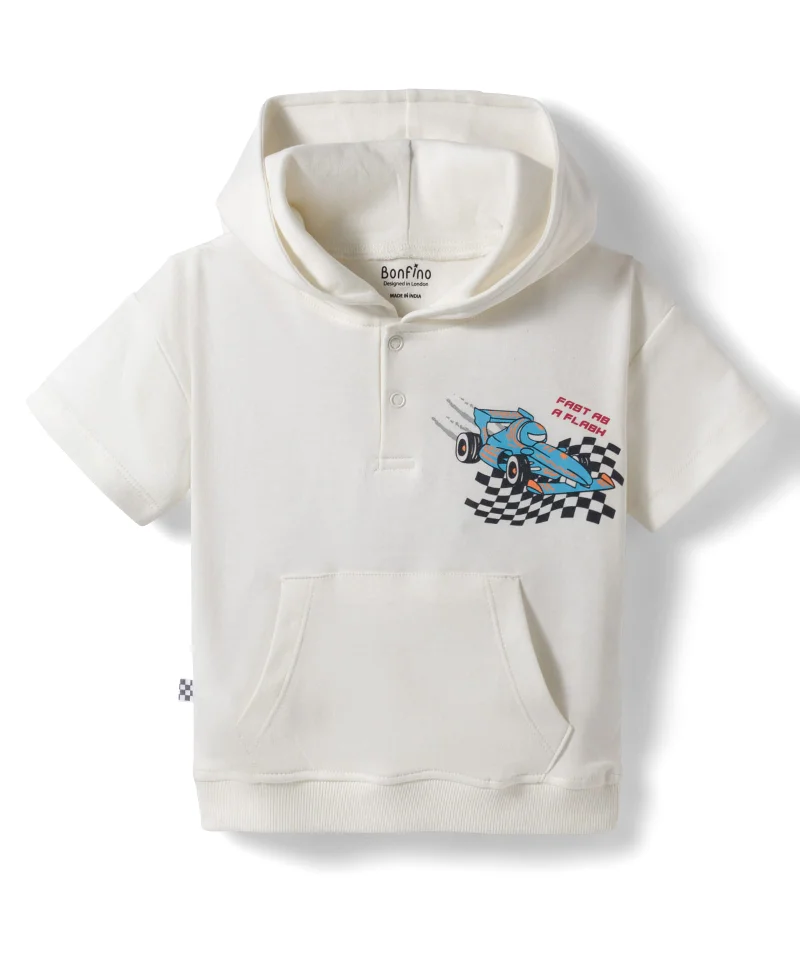 Bonfino Bonfino 100% Cotton Drop-shoulder Oversized Front Printed Half Sleeve Hooded T-Shirt & Cargo Shorts Set - Blue/White