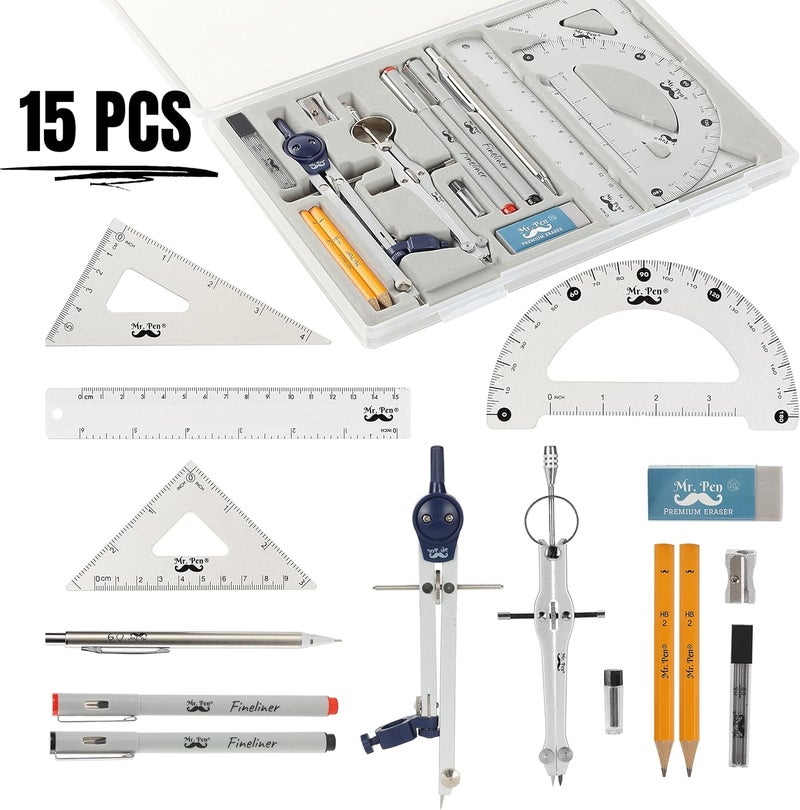 Mr. Pen - Professional Geometry Set, 15 pcs, Geometry Kit for Artists and Students, Geometry Set, Metal Rulers and Compasses, Drawing Tools, Drafting Supplies, Drafting Set, Drafting Tools and Kits - Image 2
